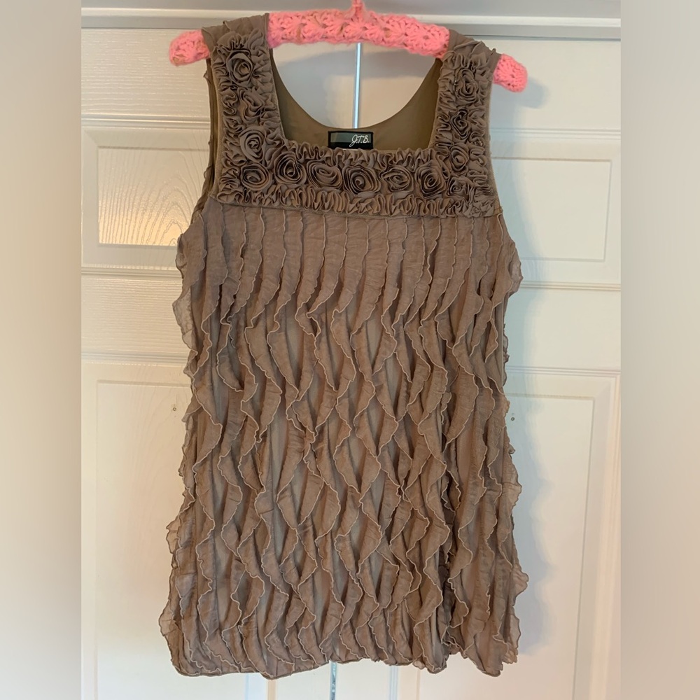 NWOT. Size large sleeveless taupe square neck top by JTB. Soft ruffles.